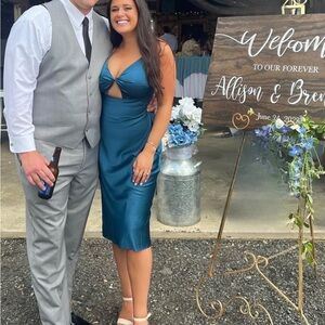 Teal silk wedding guest dress with cutout